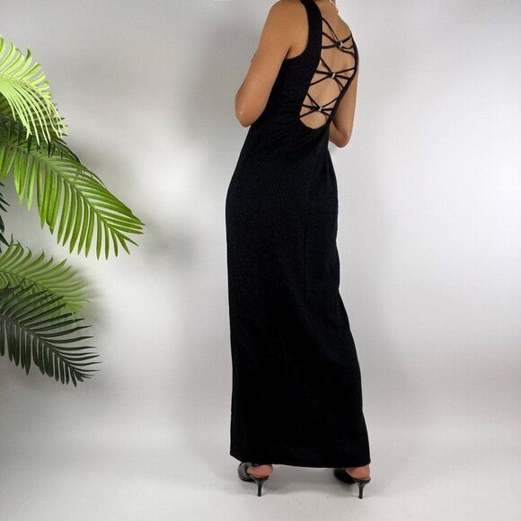 Vintage 90s Grunge Black Glitter Fairycore Maxi Prom Evening Formal Dress / 4/6 - Picture 2 of 6
